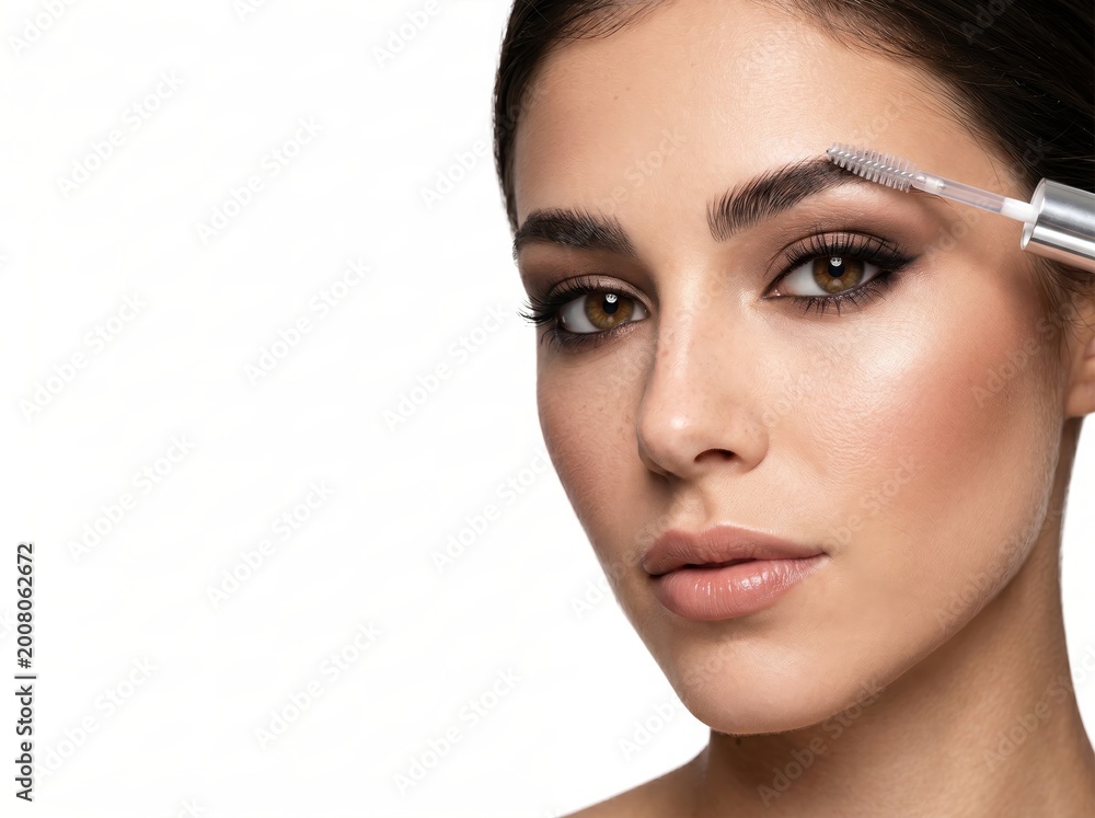 Naklejka premium Woman applying eyebrow serum, enhancing beauty and wellness, isolated on white background.