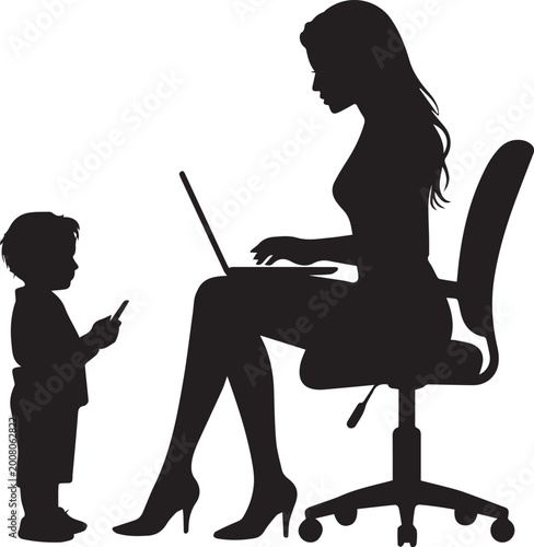 Silhouette of woman working on laptop with child playing nearby Vector