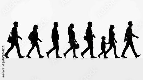 Silhouetted diverse group of people walking together in a line, representing community, movement, and everyday life in a stylized black and white illustration