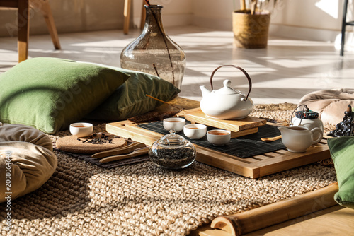 Tray with Asian tea set and...