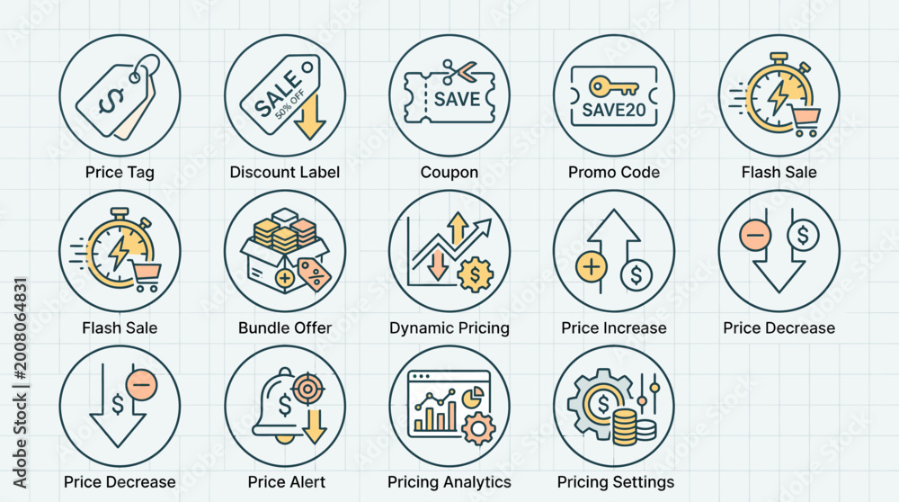 Fototapeta premium Set of pricing and sales strategy icons for e-commerce and retail.