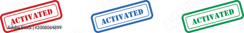 Fotografie Three colorful activated rubber stamp icons in red blue and green on a clean whi