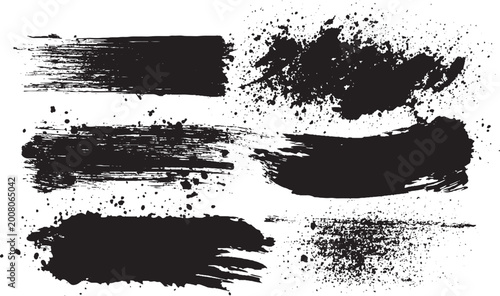 Canvas Print Set of black paint, ink brush strokes, lines