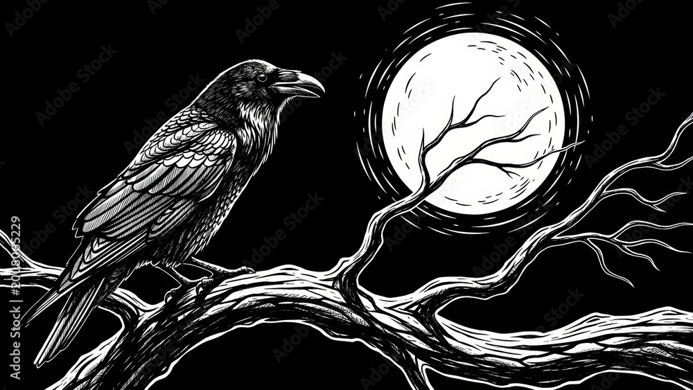 Fototapeta premium A raven on a branch in front of a full moon, black and white illustration.