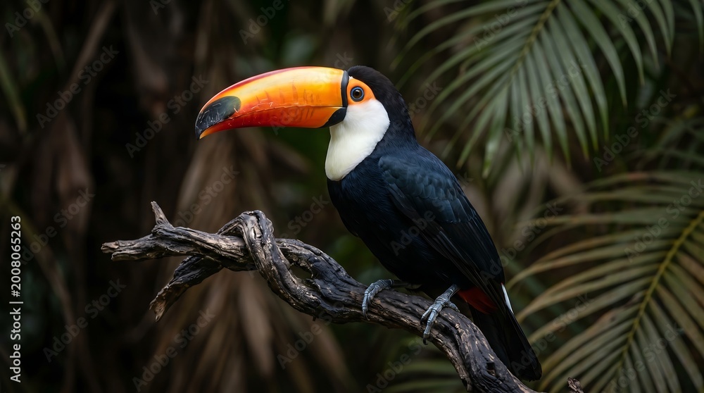Fototapeta premium Photorealistic close-up of a toucan perched on a branch amidst lush tropical foliage, showcasing its iconic vibrant beak and dark plumage