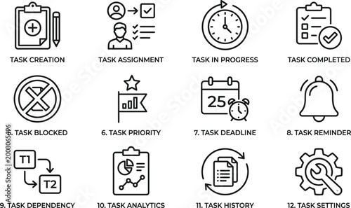 Set of project management and task tracking line icons.