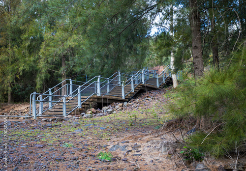 Outdoor staircase with metal handrail hillside steps access path forest infrastructure