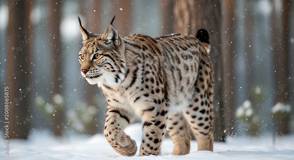 Fototapeta premium lynx walking in snowy forest habitat.