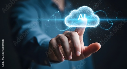 Artificial Intelligence cloud computing concept, businessman touching glowing AI cloud icon, futuristic digital technology interface for business data