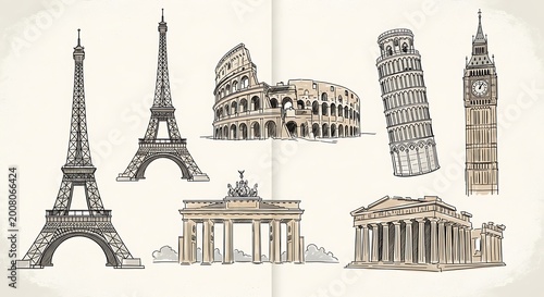 Famous landmarks of Europe illustrations.