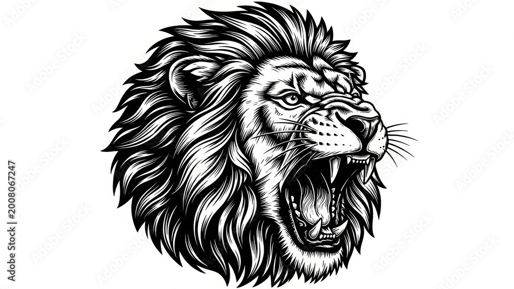 Fototapeta premium Black and white illustration of a roaring lion in profile.