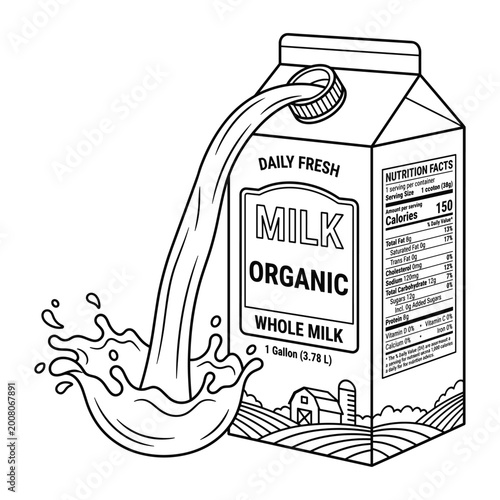 Organic whole milk carton vector illustration pouring fresh liquid with nutrition facts panel view.