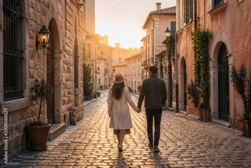 young couple walking hand in hand in charming european cobblestone street at golden hour