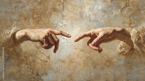 Two reaching hands with index fingers almost touching against aged golden cracked fresco wall, concept for spirituality, religious art and Renaissance