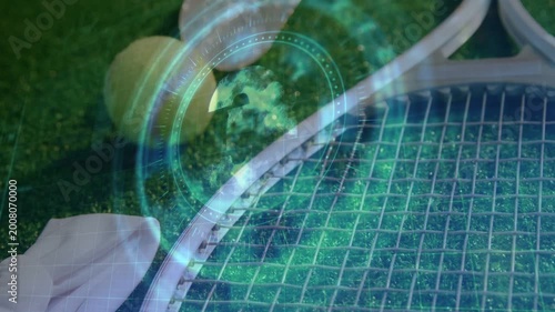 Racket and ball on turf, sports hologram appearing over strings, pulsing rings forming figure