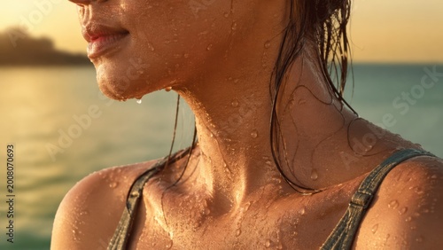 young woman with water droplets on back enjoying golden hour beach sunset