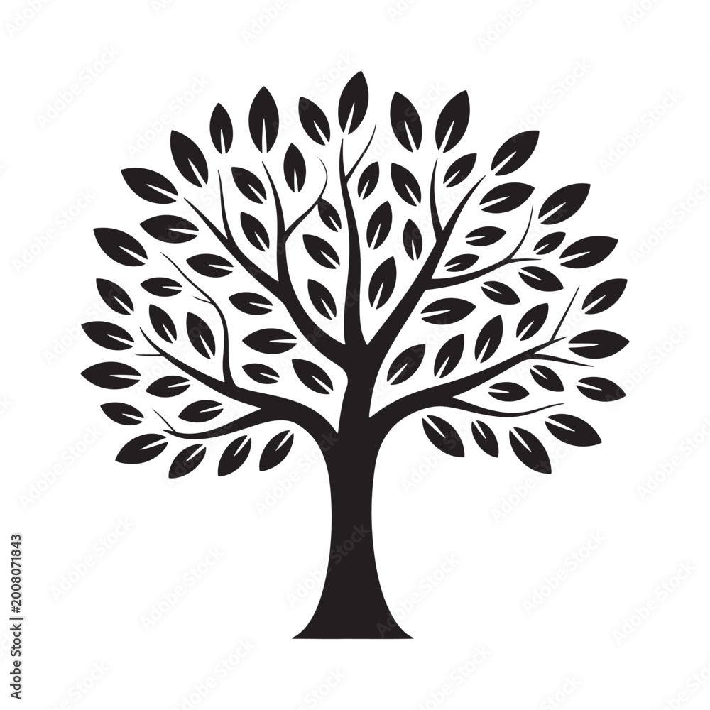 Obraz premium tree silhouette with leaves black on white background