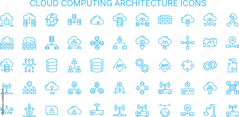 Obraz premium Cloud Computing Architecture Icon Set With Server Network API Database Storage And Digital Infrastructure Symbols
