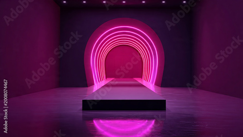 Vibrant pink neon arches forming a futuristic tunnel runway with reflective floor, dramatic lighting, ideal for tech events