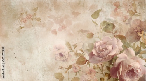 Soft Dusty Rose Floral Vintage Paper with Roses Border Aged Texture Space for Text