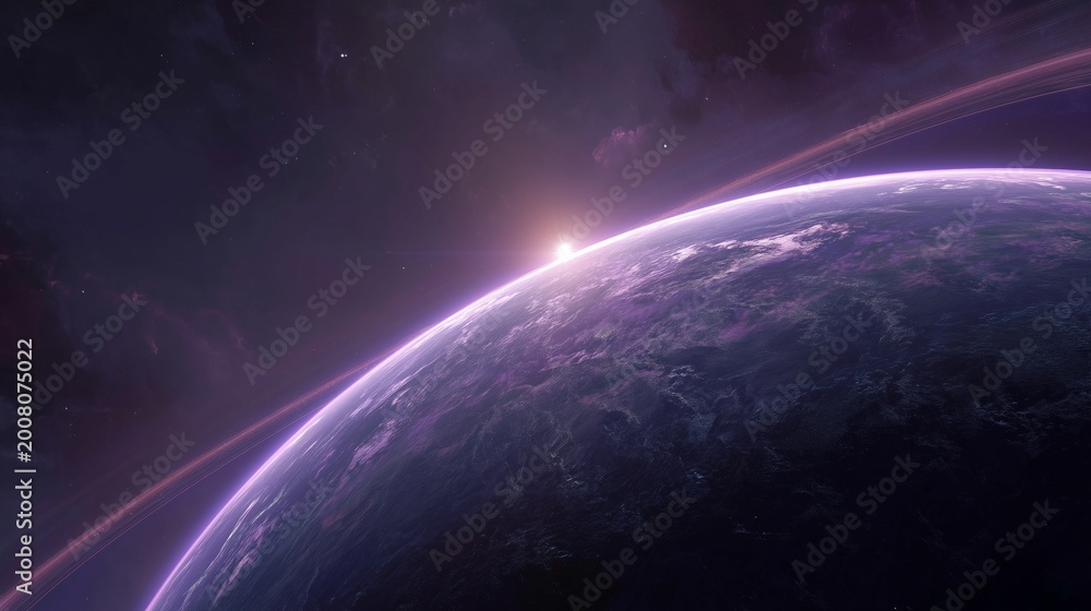 Fototapeta premium Planet Sunrise in Deep Space With Purple Atmospheric Glow and Stars