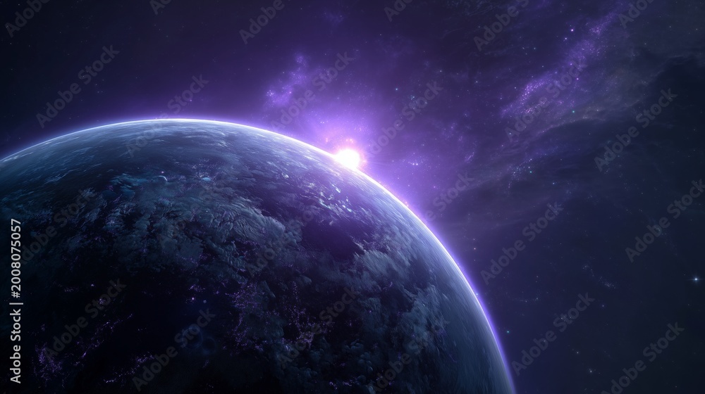 Obraz premium Blue Planet With Bright Sunrise and Purple Nebula in Outer Space