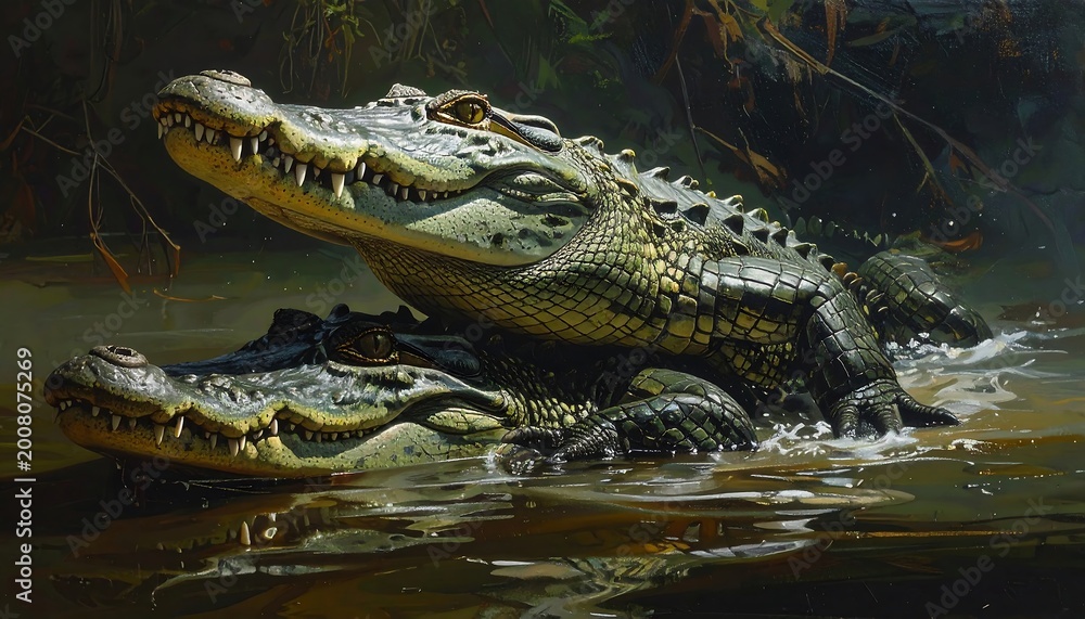 Fototapeta premium A painted illustration of two alligators overlapping in murky water, heads raised. The top reptile is larger