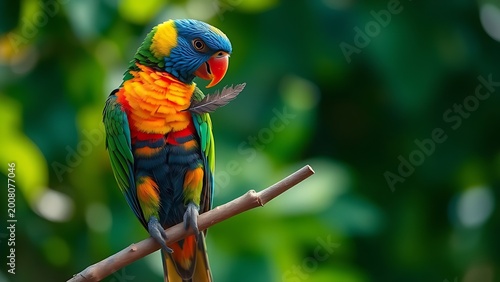 disarranged. A colorful parrot preening a feather on a branch, soft morning light. wildlife magazines, conservation campaigns, designed for eco-tourism storytelling.