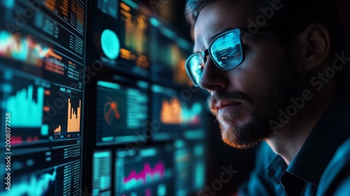 Digital marketing specialist analyzing SEO data on multiple screens; neon reflections, modern office. generative ai