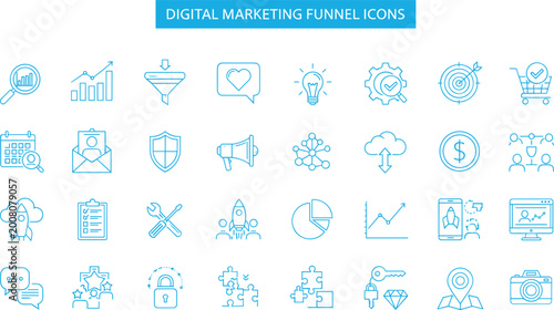 Fotografie Digital marketing funnel icon set with conversion analytics sales strategy symbo