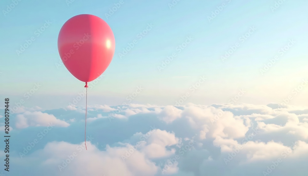 Fototapeta premium A Single Red Balloon Floats Above a Sea of Clouds Under a Bright Sky.