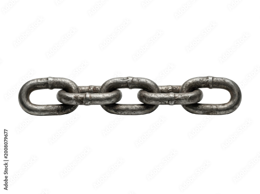Fototapeta premium A closeup of a strong rusty metal iron chain link isolated on a white background representing a concept of steel strength and broken security connection