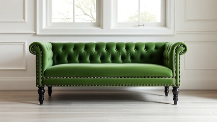 nailhead. Green velvet bench with tufted details in an empty, softly lit room. real-estate listings, architecture portfolios, designed for interior renovation comparisons for interiors.
