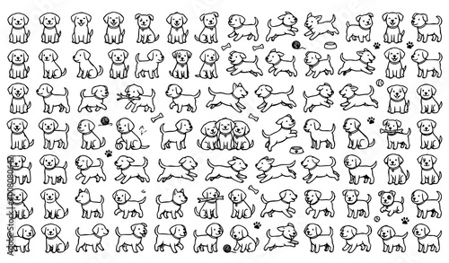 Photography Cute doodle puppy vector set with hand drawn black and white sketch dogs walking
