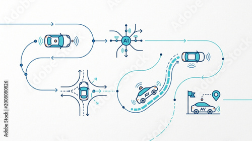 Autonomous vehicle technology icons with cars and navigation symbols on white background