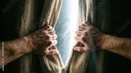 Hands Parting Dark Curtains to Reveal a Blinding Light, Symbolizing Hope, Opportunity, and a New Beginning Beyond the Veil of Uncertainty