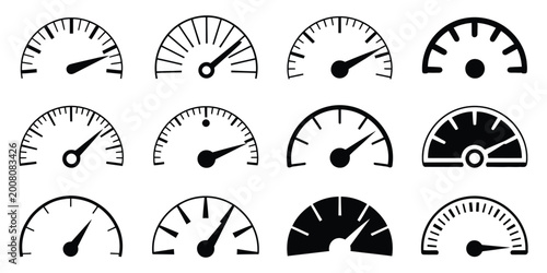 Abstract speedometer icon collection featuring diverse gauge scales, symbolizing speed control, acceleration monitoring