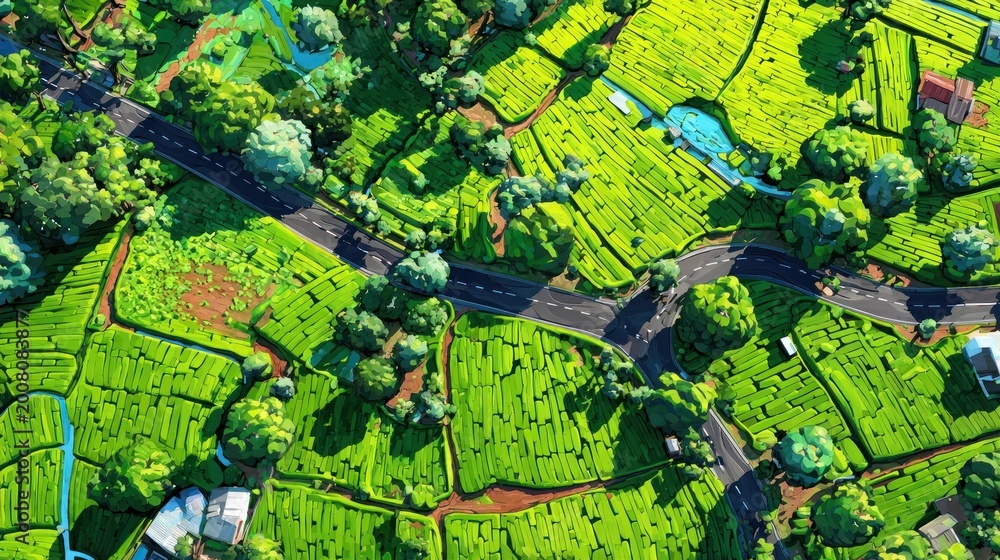 Fototapeta premium Elevated perspective captures winding roads traversing intensely cultivated verdant agricultural terraces and surrounding clusters of trees.