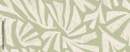 Naive crayon leaves seamless pattern. Hand drawn light pastel green palm leaves with geometric shapes. Vector pencil drawn botanical bg. Chalk texture abstract tropical jungle wallpaper.