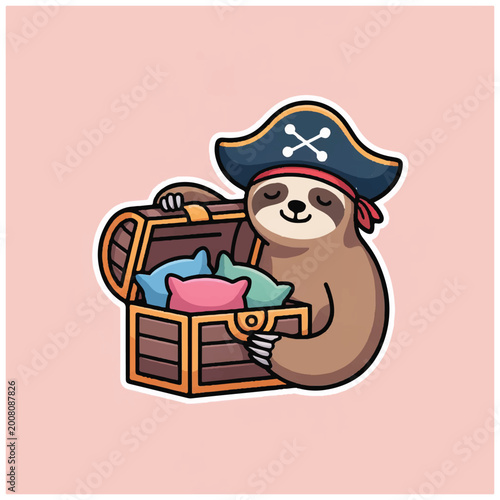 Photos Sloth wearing pirate hat treasure chest.