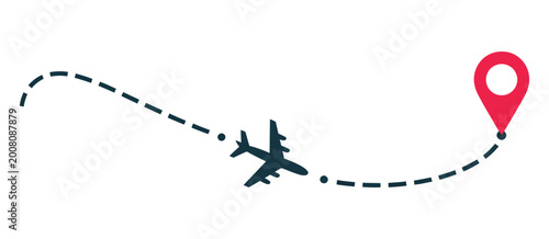 Photos Airplane flight path to location mark with curved plane route line, illustrating