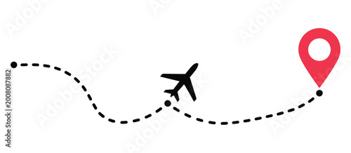 Canvastavla Airplane flight path to location mark, plane route line illustration for tourism