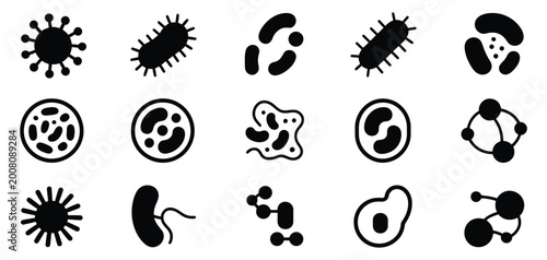 Bild auf Leinwand Bacteria and virus icon set on white background, collection of microbe and germ