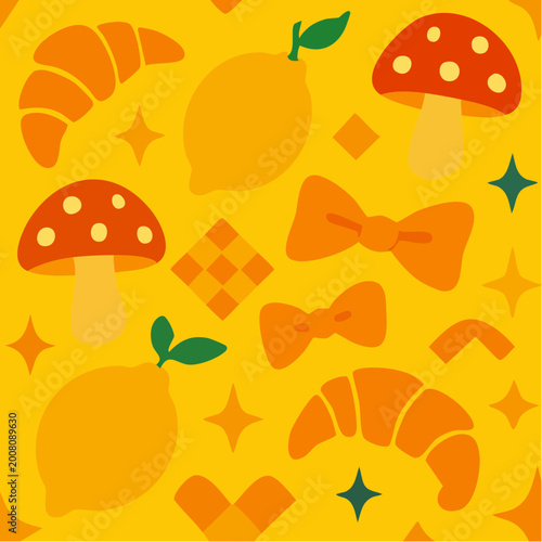 Vibrant yellow pattern with cartoon mushrooms, croissants, bow ties, a