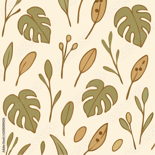 hand-drawn tropical leaf pattern design with monstera and branches
