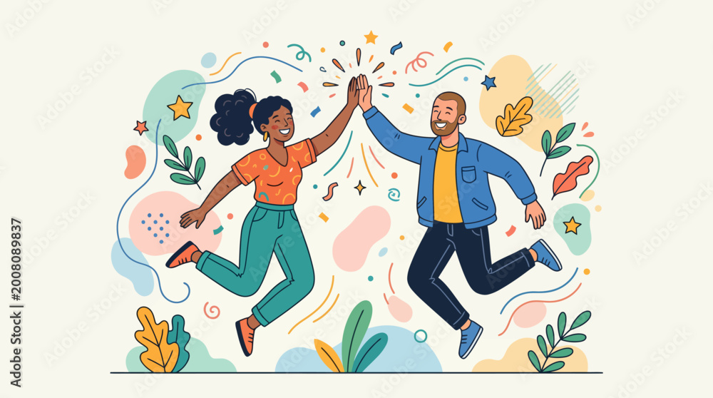 Fototapeta premium Two people jumping and celebrating with confetti and leaves around them in a festive scene