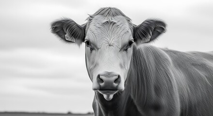 Close-up of a cow looking forward.