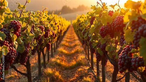 nebbiolo. Vineyard with rows of Nebbiolo grapevines bearing ruby-red grapes in golden light. menu design, packaging mockups, designed for food delivery and cloud-kitchen brand materials.