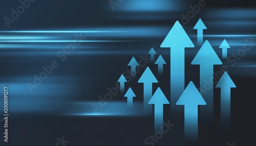 Abstract blue arrows pointing upwards representing growth, success, and financial progress in a futuristic digital landscape.