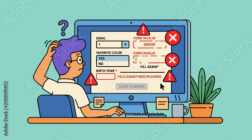 Confused user filling out a web form with many validation errors.
